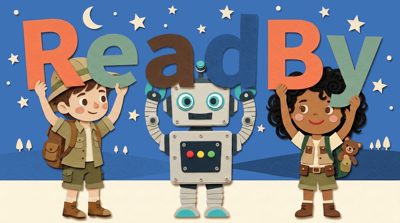 ReadBy — three kids holding up the ReadBy letters with their story heroes