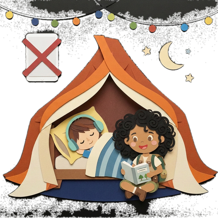 A paper-cut blanket fort at bedtime: a boy asleep in bed wearing headphones while Maya sits on the rug reading the story aloud, with a paper tablet crossed out in the corner
