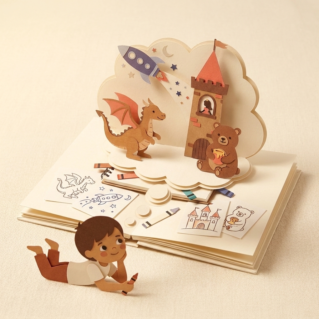 Paper-cut child on tummy with crayons + drawings, paper-cut dragons + spaceships + castles rising from the sketchpad as imagined worlds