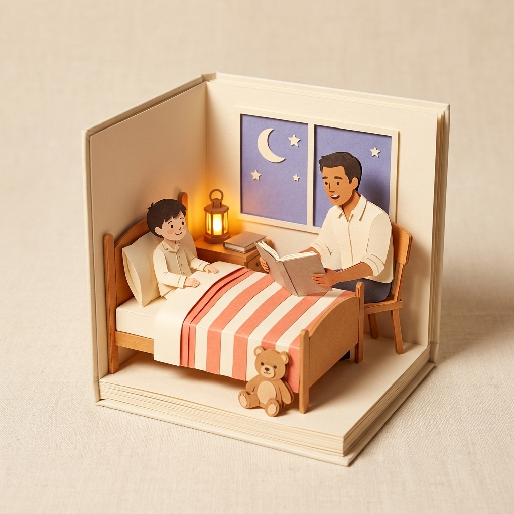 Dad on the foot of the bed reading a paper-cut storybook to an awake child sitting up against pillows