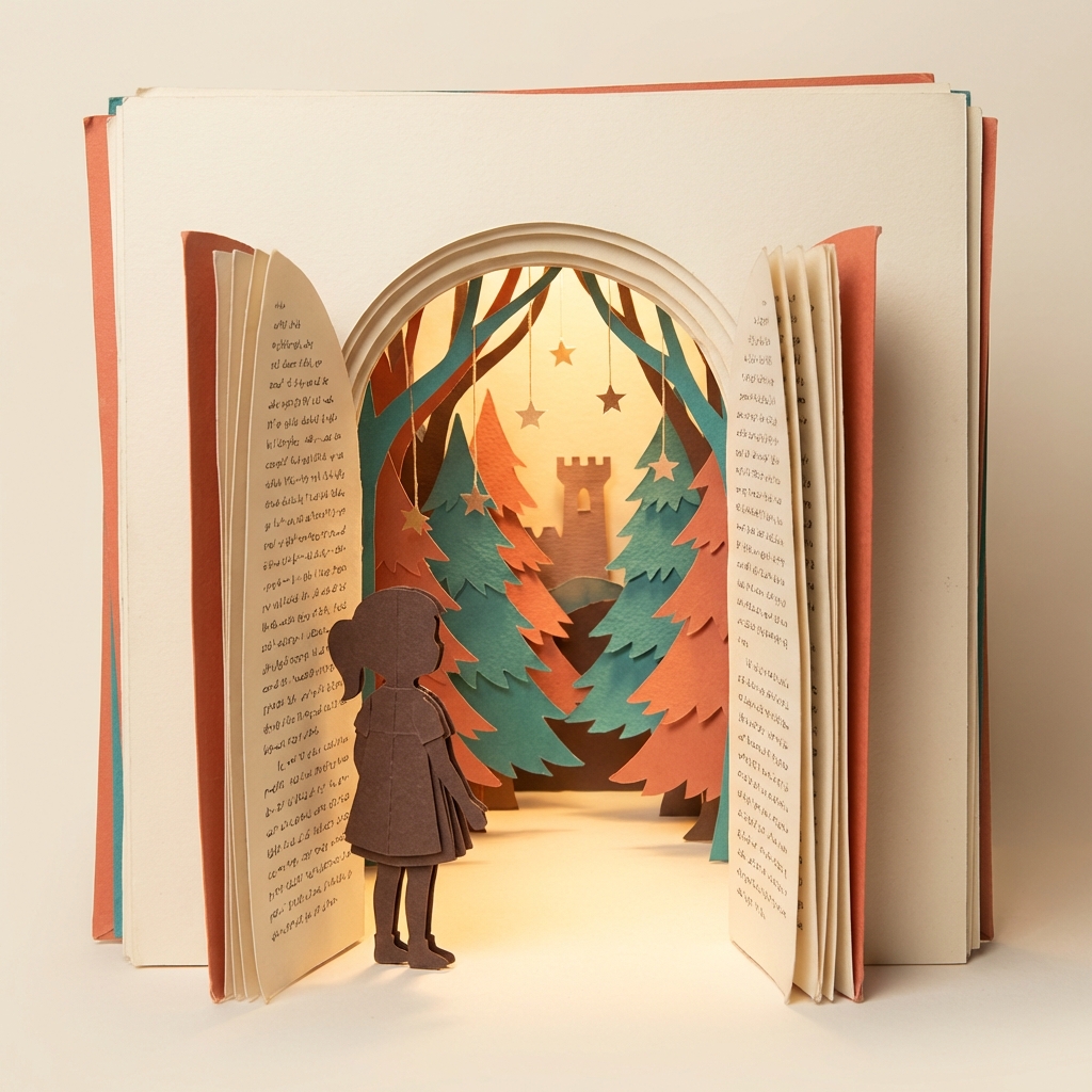 A stack of paper pages with a doorway cut through them, and a girl's silhouette peering into a paper-cut forest world