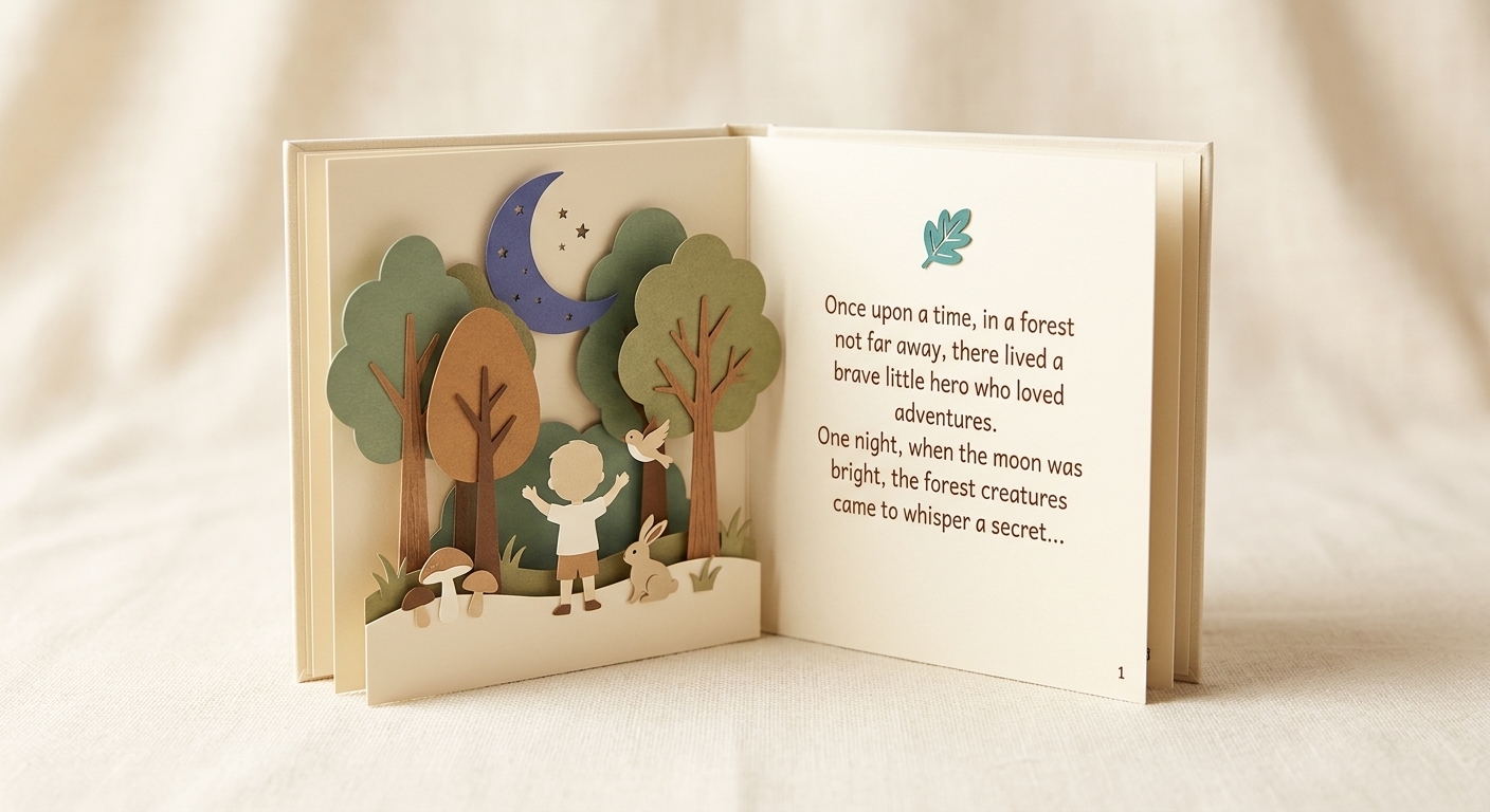 Open storybook spread — dimensional paper-cut forest scene with story text