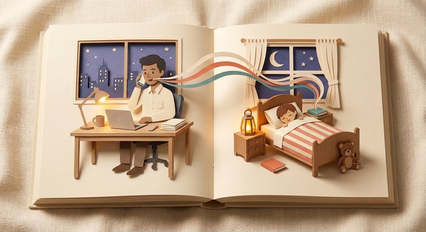 Dad working late at his desk, voice ribbons carrying his bedtime story across the spine to his sleeping child