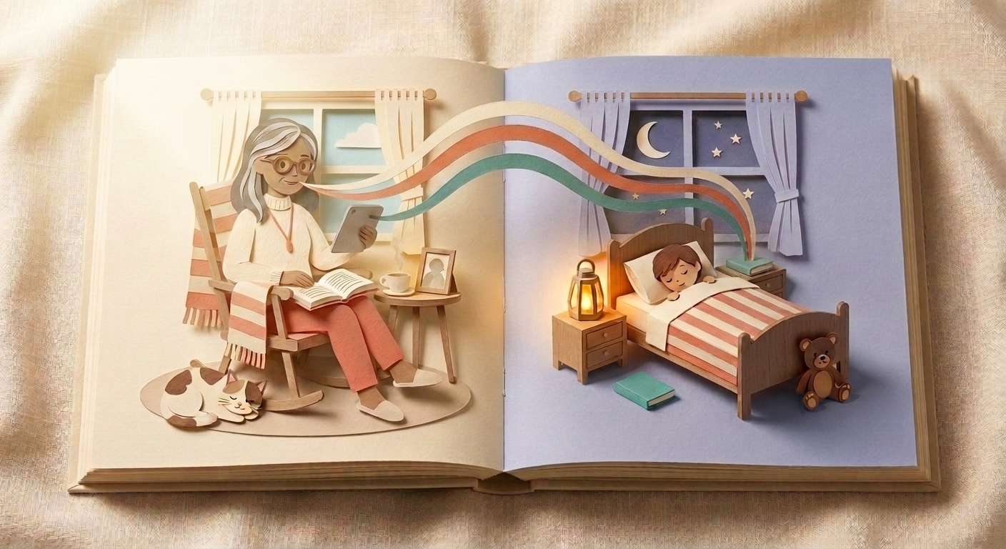 Grandma in her rocking chair at home, reading into her tablet, voice ribbons carrying her bedtime story across the spine to her grandchild