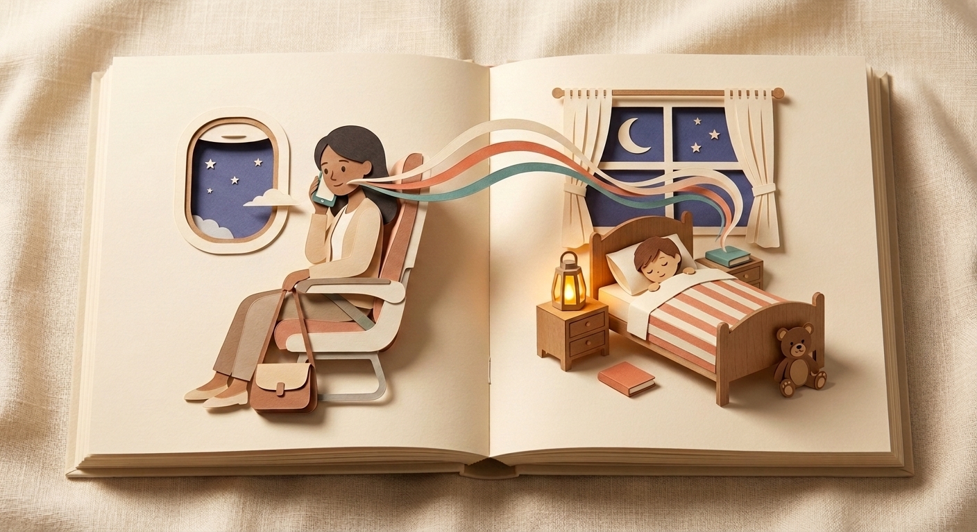 Mom on a flight at night, voice ribbons carrying her bedtime story across the spine of an open pop-up book to her sleeping child