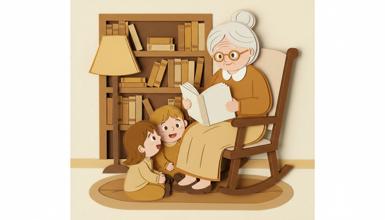 Grandma reading a bedtime story to her grandchild in a cozy paper-cutout scene