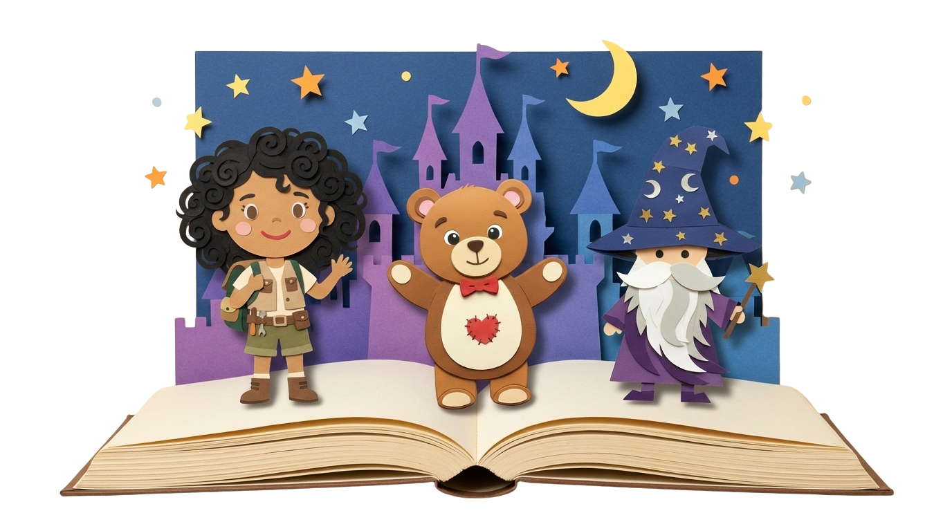 Maya, Barnaby Bear, and Wally Wonder on an open storybook